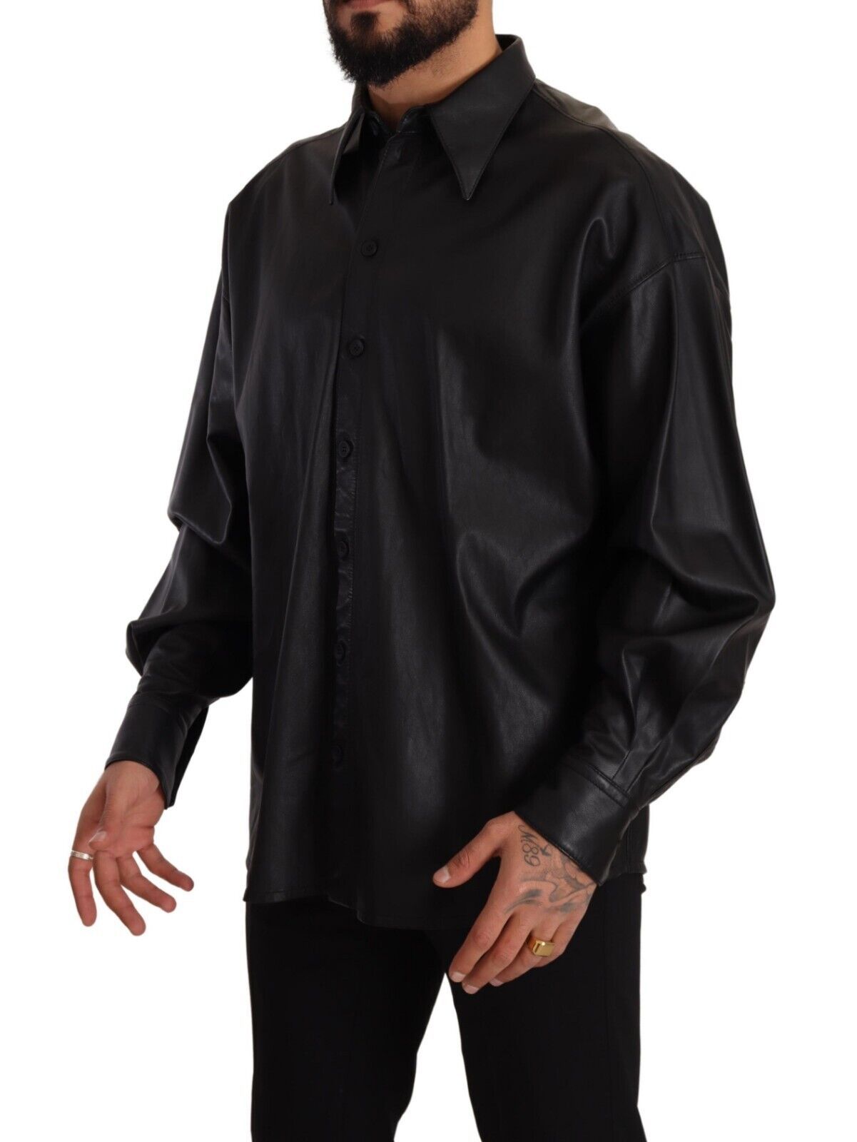 Schwarze Lederjacke mit Knopfleiste für Männer mit Kragen