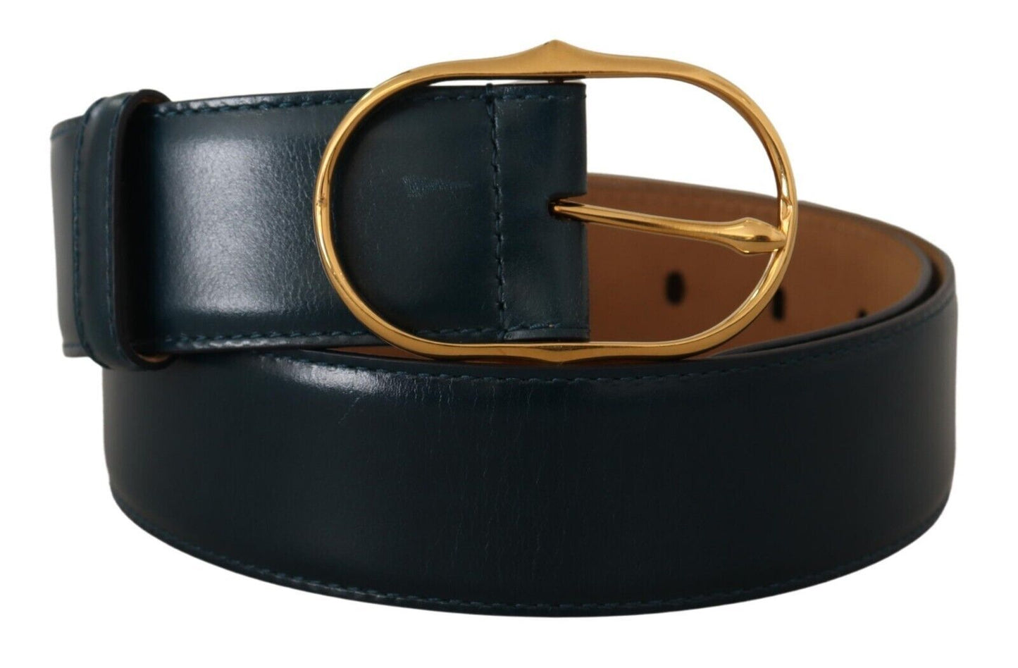 Ovaler Gürtel mit goldener Metallschnalle aus blauem Leder