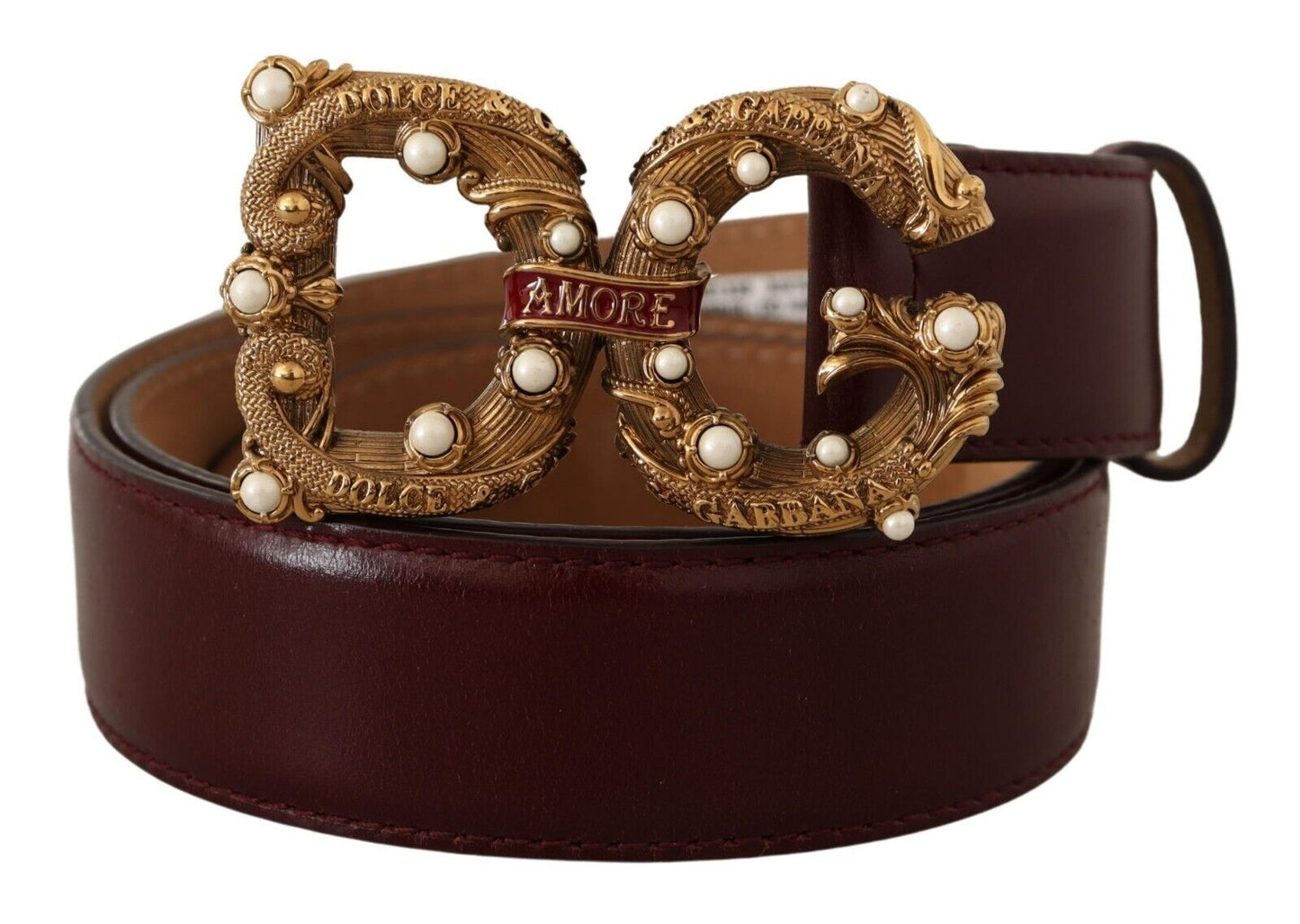 Bordeaux Leder Messing Logo Schnalle Barock Amore Gürtel