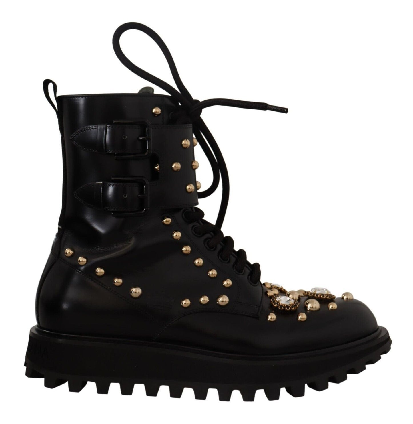 Schwarze Lederstiefel mit Kristallverzierung Schuhe