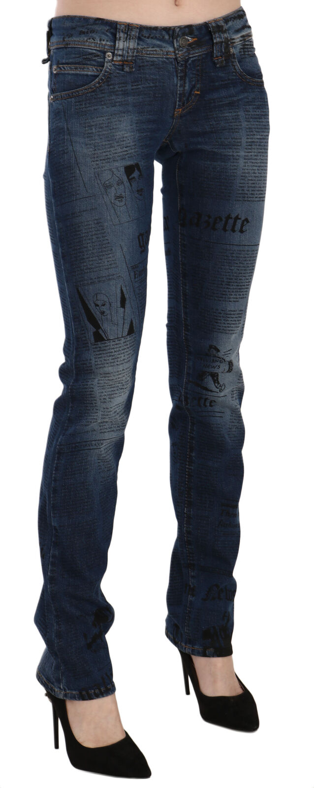 Blaue Skinny Denim-Hose mit Zeitungsdruck und niedriger Taille