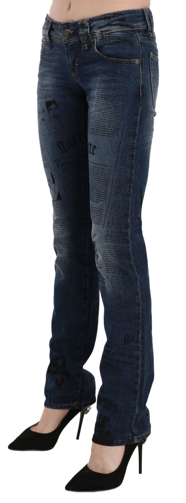 Blaue Skinny Denim-Hose mit Zeitungsdruck und niedriger Taille