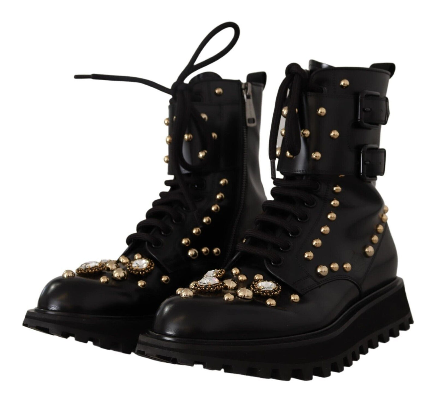 Schwarze Lederstiefel mit Kristallverzierung Schuhe