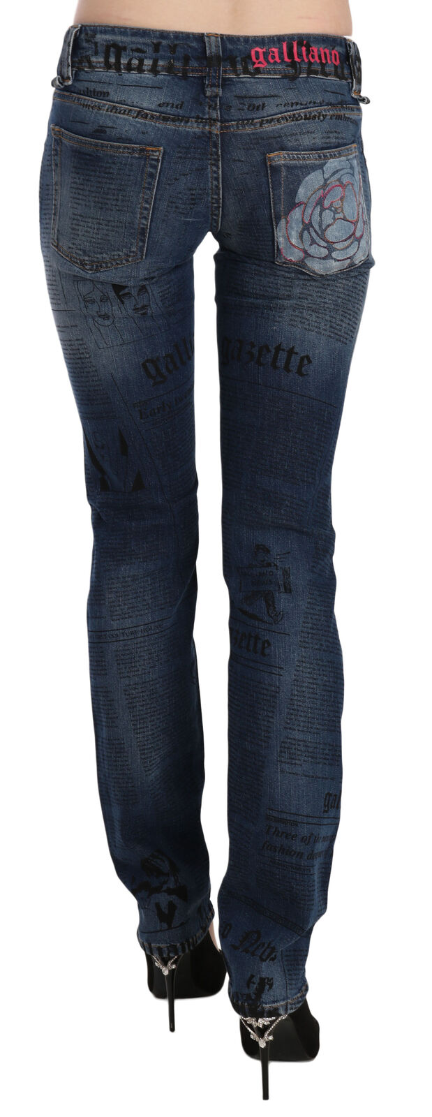 Blaue Skinny Denim-Hose mit Zeitungsdruck und niedriger Taille