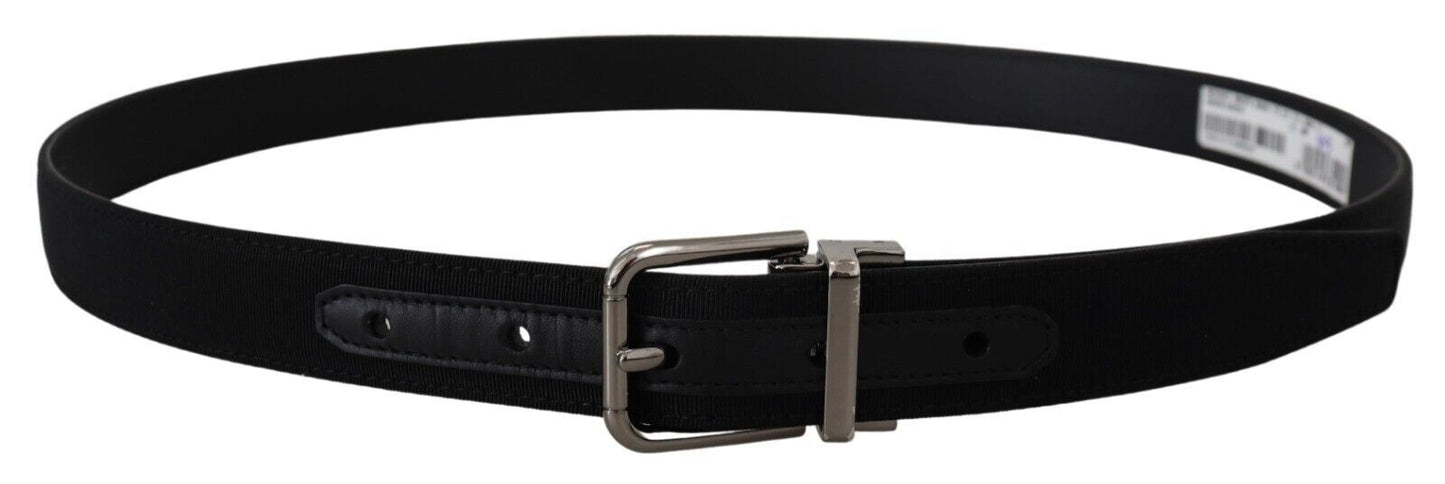 Schwarzer Grosgrain-Leder-Gürtel mit Silberschnalle