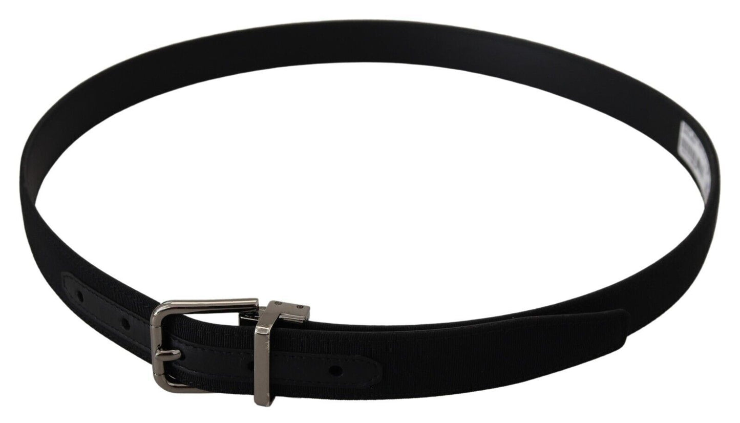 Schwarzer Grosgrain-Leder-Gürtel mit Silberschnalle