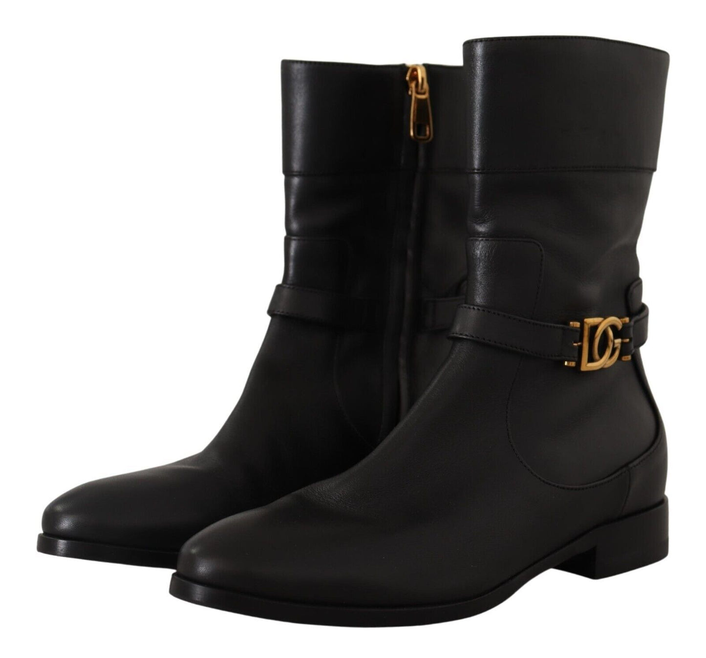 Schwarzes Leder Flats Logo Kurze Stiefel Schuhe