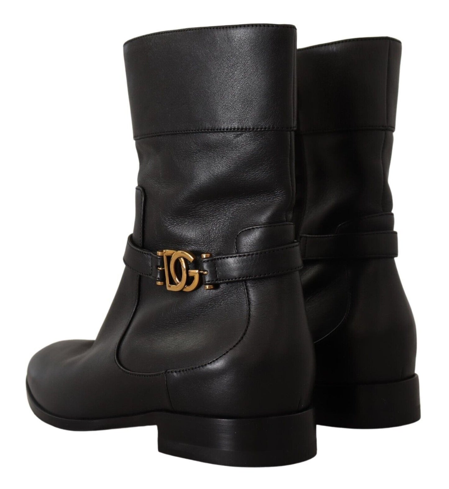 Schwarzes Leder Flats Logo Kurze Stiefel Schuhe
