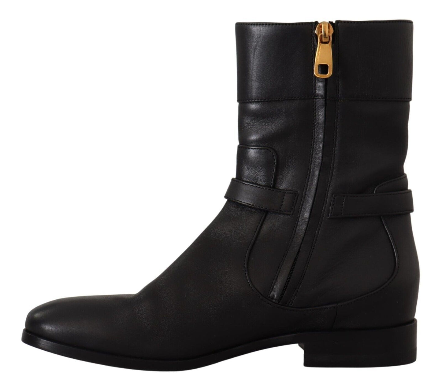 Schwarzes Leder Flats Logo Kurze Stiefel Schuhe