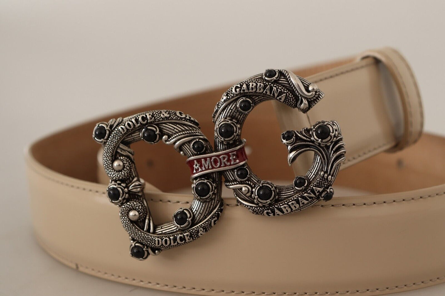 Gürtel Beige Leder Silberne Logoschnalle Amore Gürtel