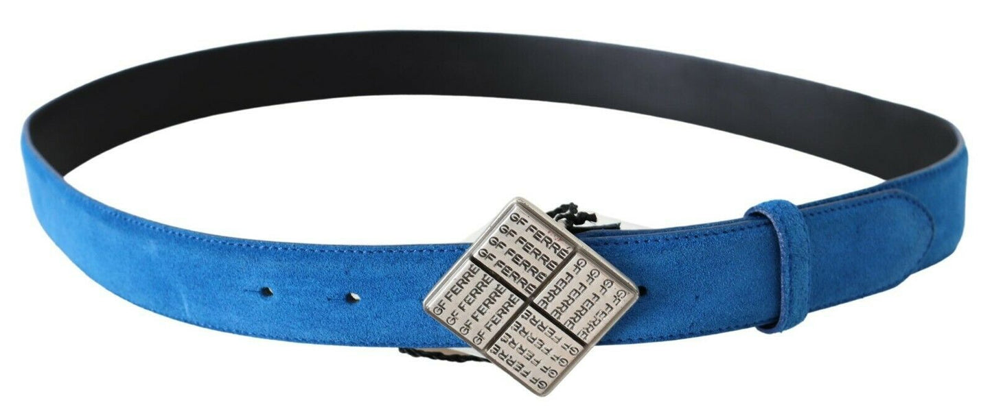 Blauer Ledergürtel mit quadratischer Logo-Schnalle