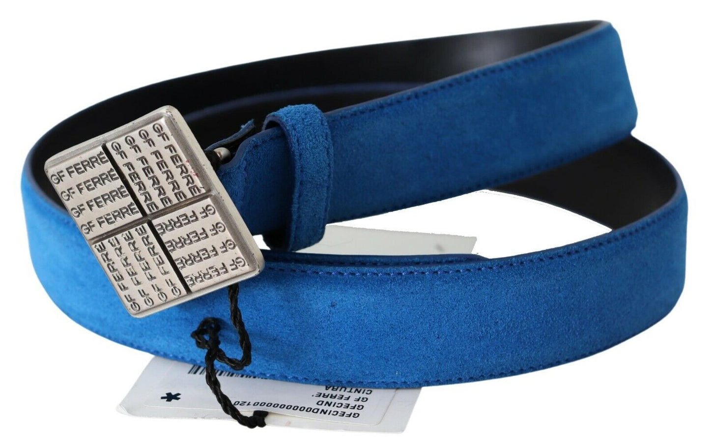 Blauer Ledergürtel mit quadratischer Logo-Schnalle