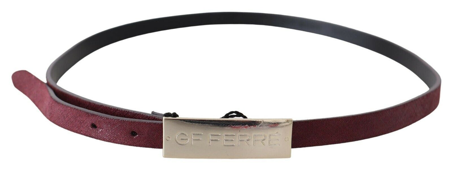 Maroon Leder Skinny Logo Design Cintura Schnalle Taille Gürtel