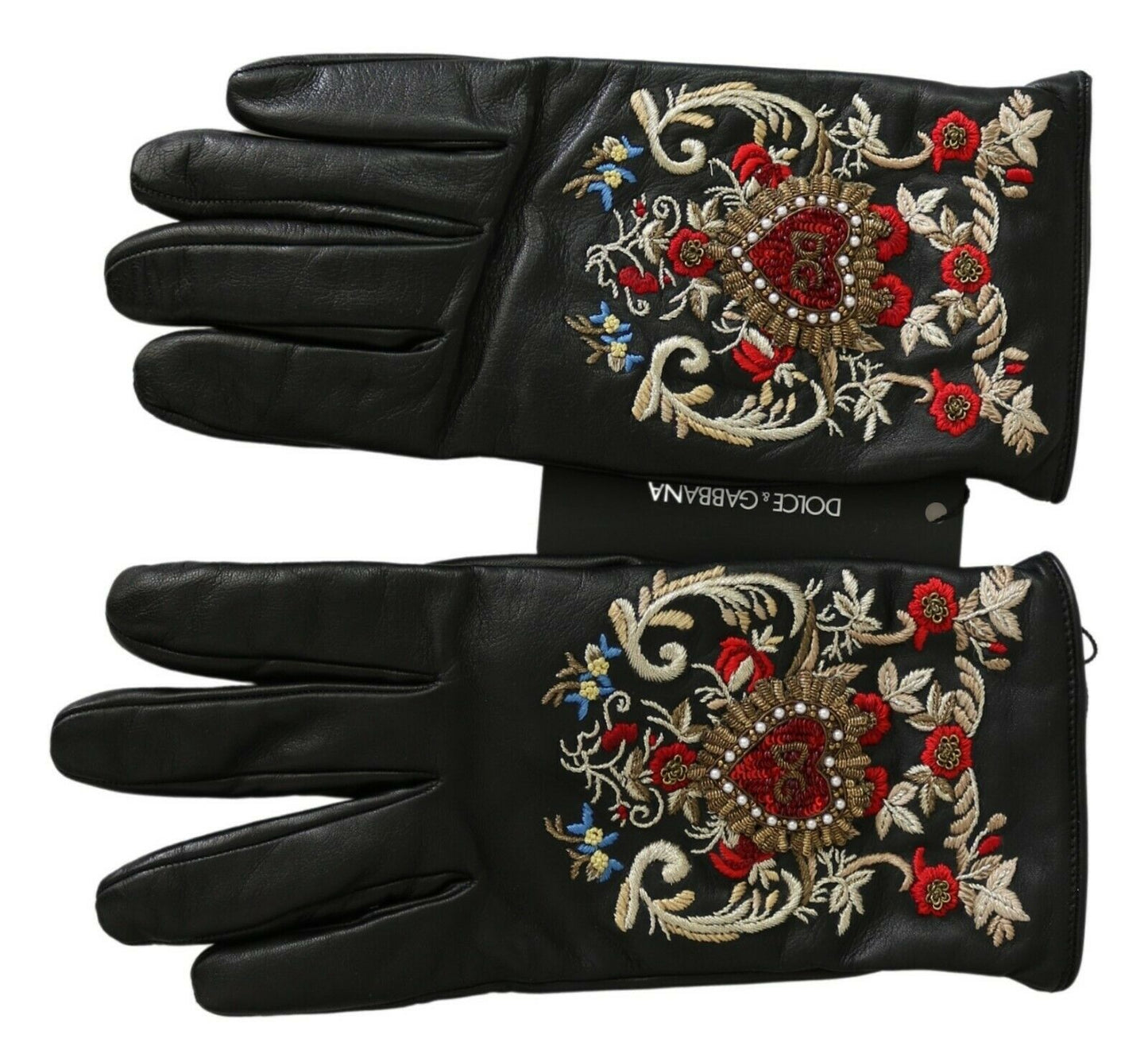 Schwarze Handschuhe aus echtem Leder mit DG-Herz-Stickerei