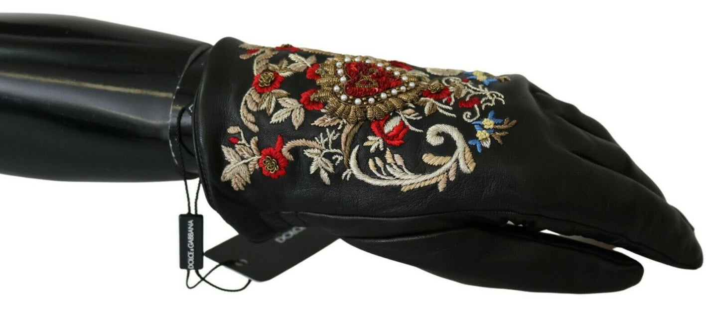 Schwarze Handschuhe aus echtem Leder mit DG-Herz-Stickerei