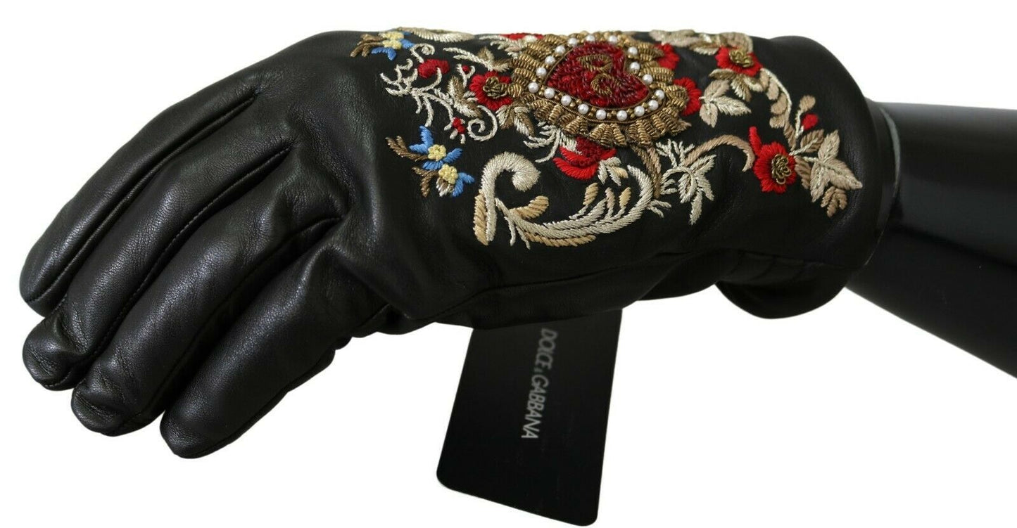 Schwarze Handschuhe aus echtem Leder mit DG-Herz-Stickerei
