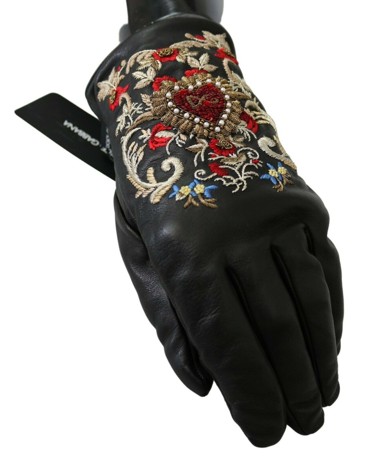 Schwarze Handschuhe aus echtem Leder mit DG-Herz-Stickerei