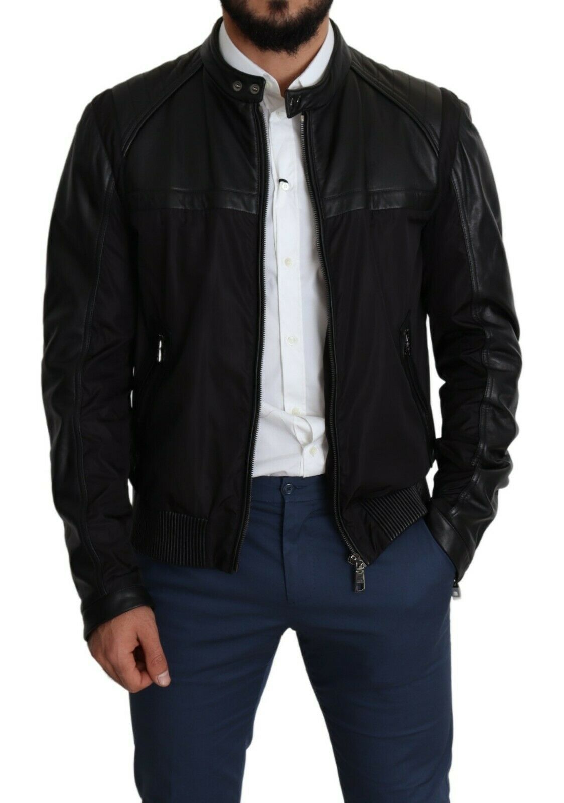 Schwarzes Nylon durchgehender Reißverschluss Männer Bomber Mantel Jacke