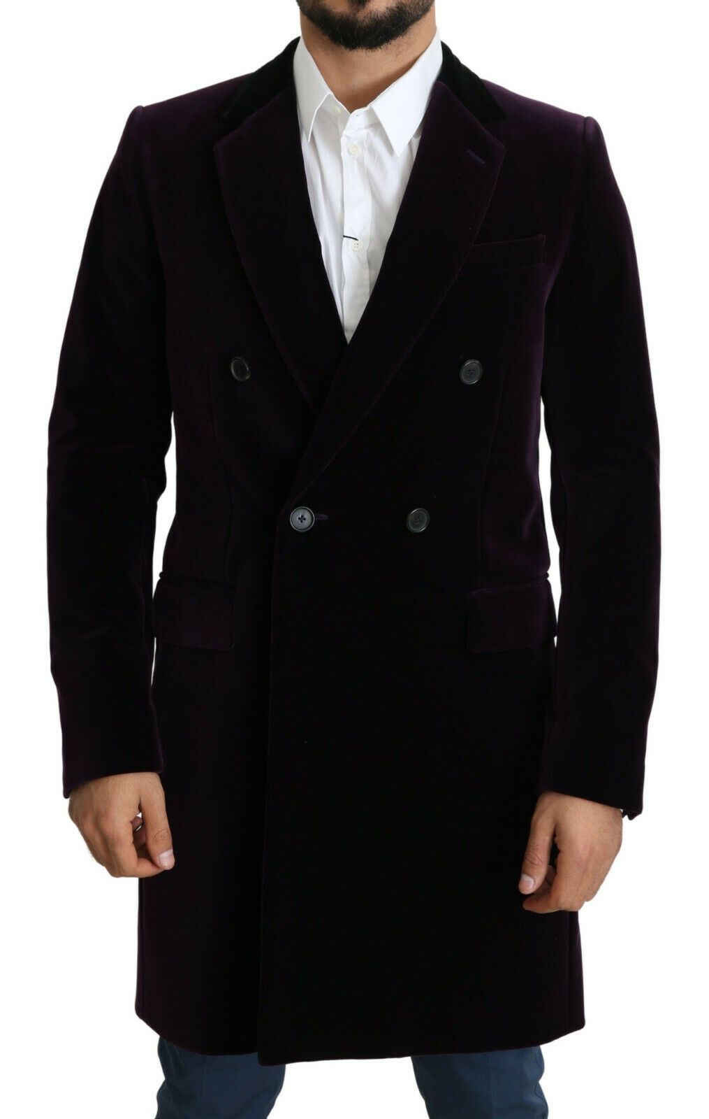 Lila Samt Doppelreihiger Langer Mantel Jacke