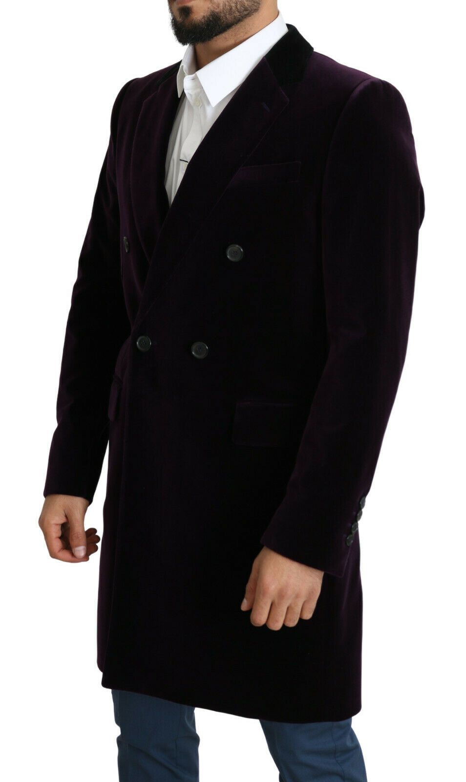 Lila Samt Doppelreihiger Langer Mantel Jacke