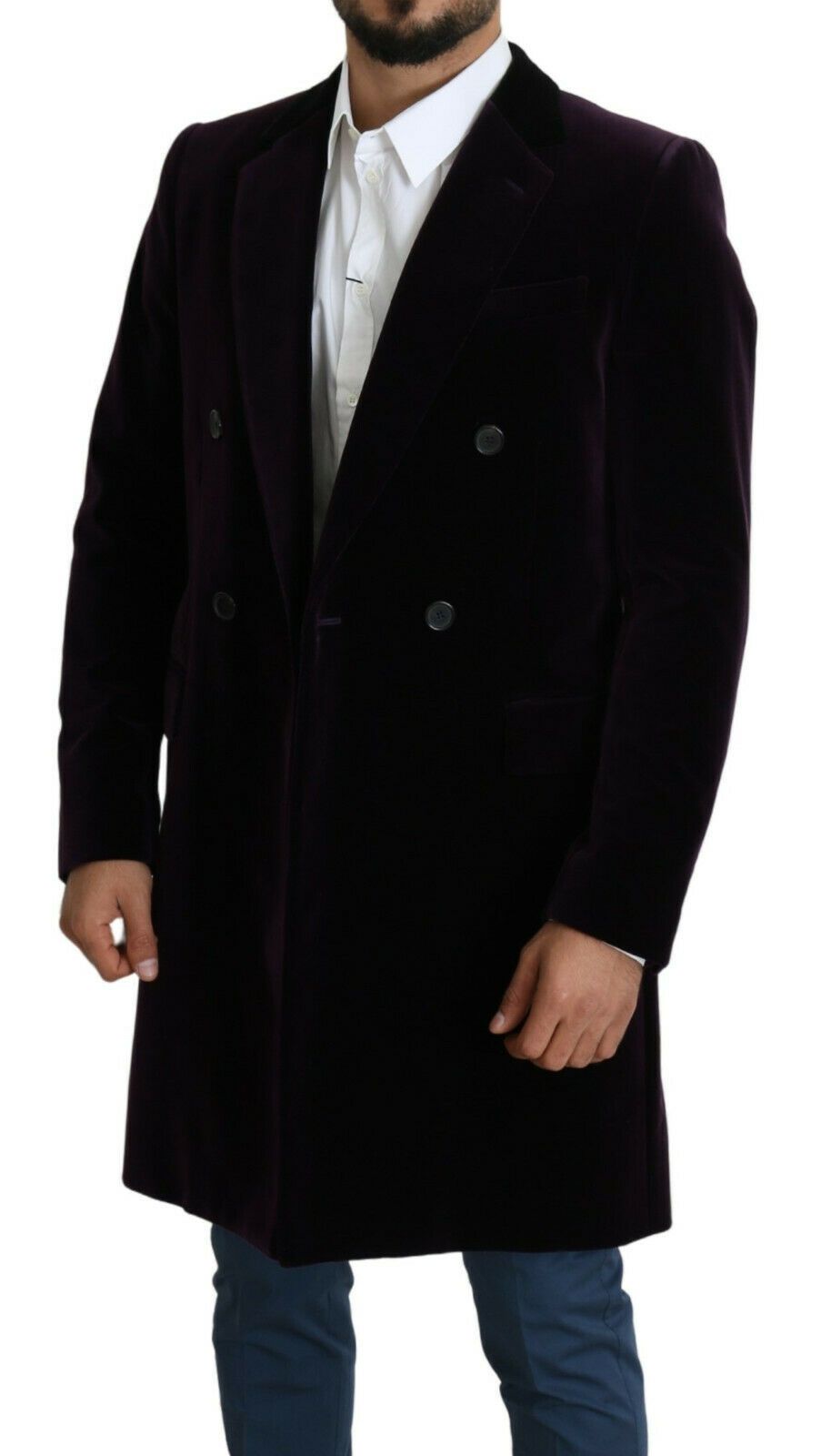 Lila Samt Doppelreihiger Langer Mantel Jacke