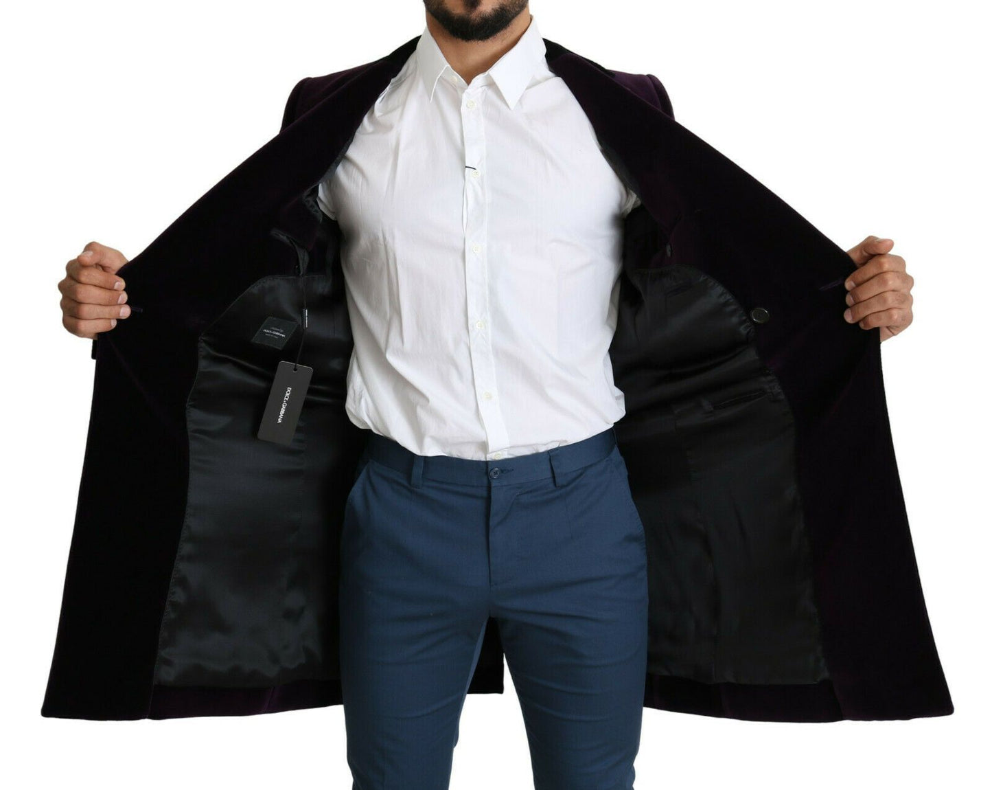 Lila Samt Doppelreihiger Langer Mantel Jacke