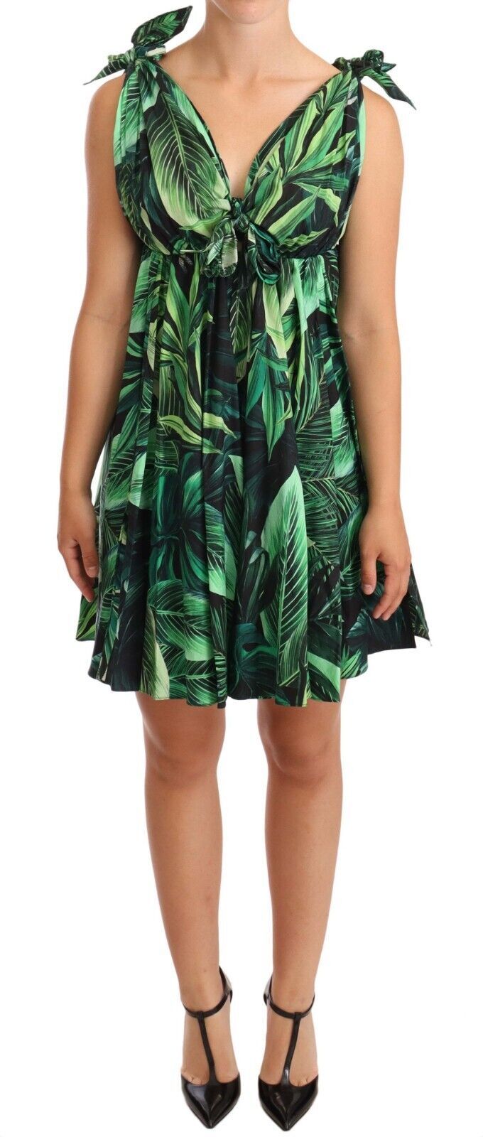 Ausgestelltes Minikleid aus Baumwolle mit grünem Laubdruck