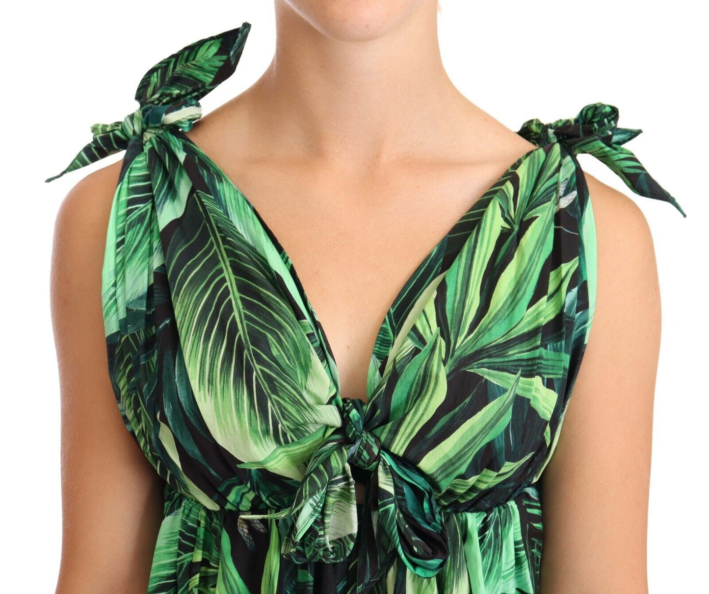 Ausgestelltes Minikleid aus Baumwolle mit grünem Laubdruck