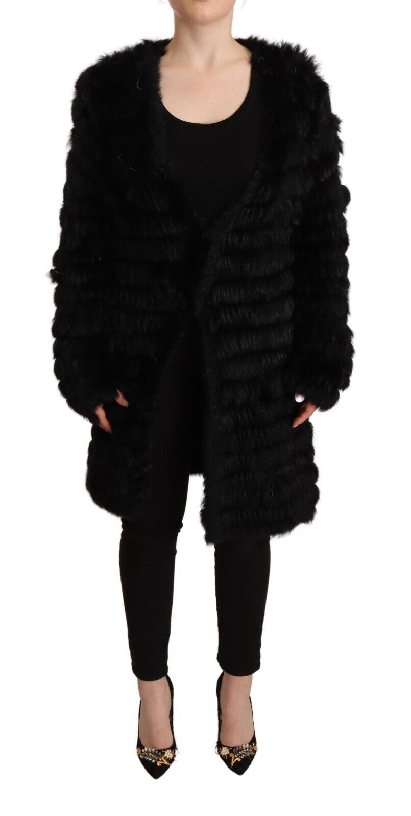 Schwarzer Kaninchenfell-Cardigan mit langen Ärmeln Jacke