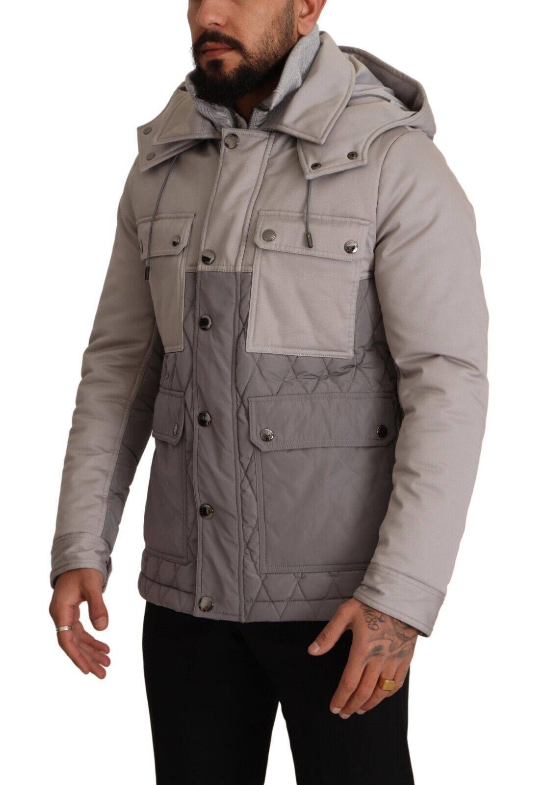 Graue Windbreaker Parka Jacke mit Kapuze aus Baumwolle
