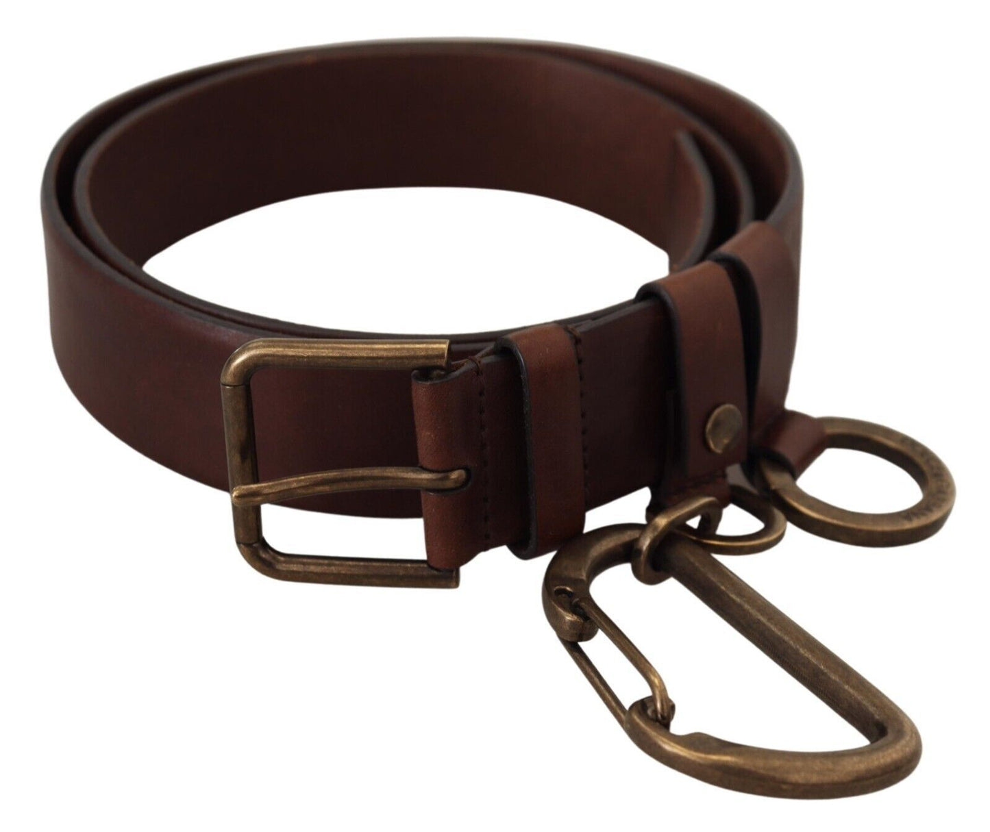 Brauner Ledergürtel mit goldener Metallschnalle und Karabiner