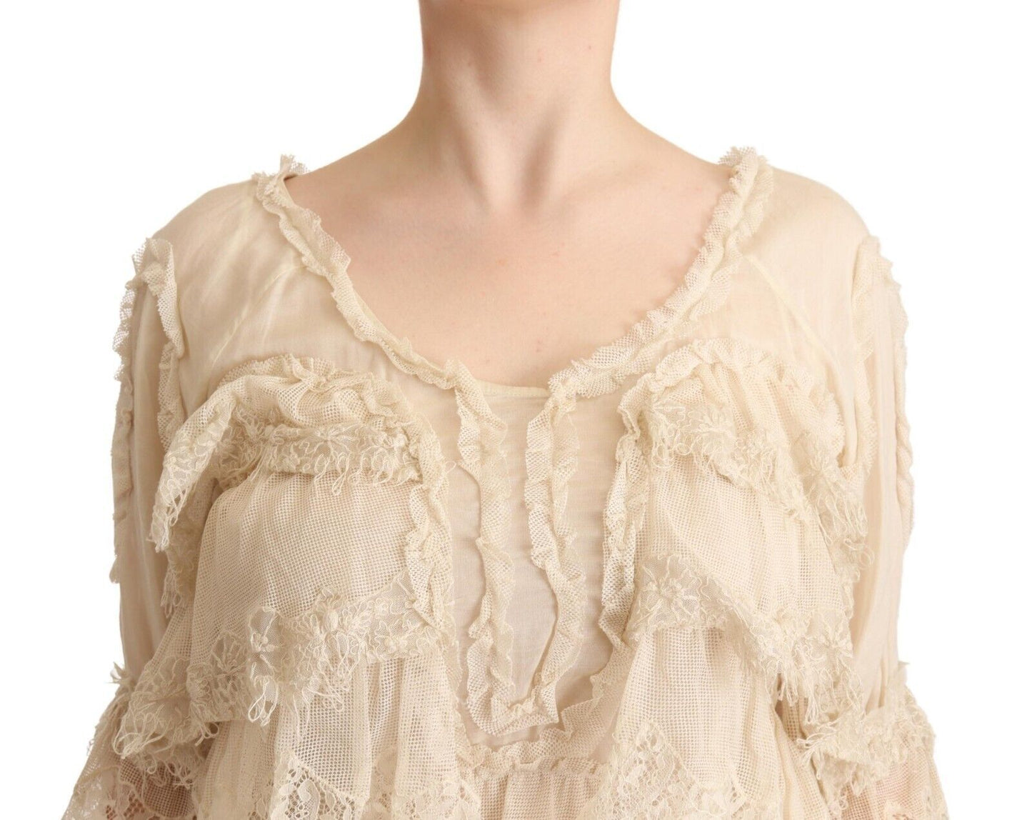 Beige 3/4 Ärmel Geschichtetes Knielanges Kleid aus Spitze