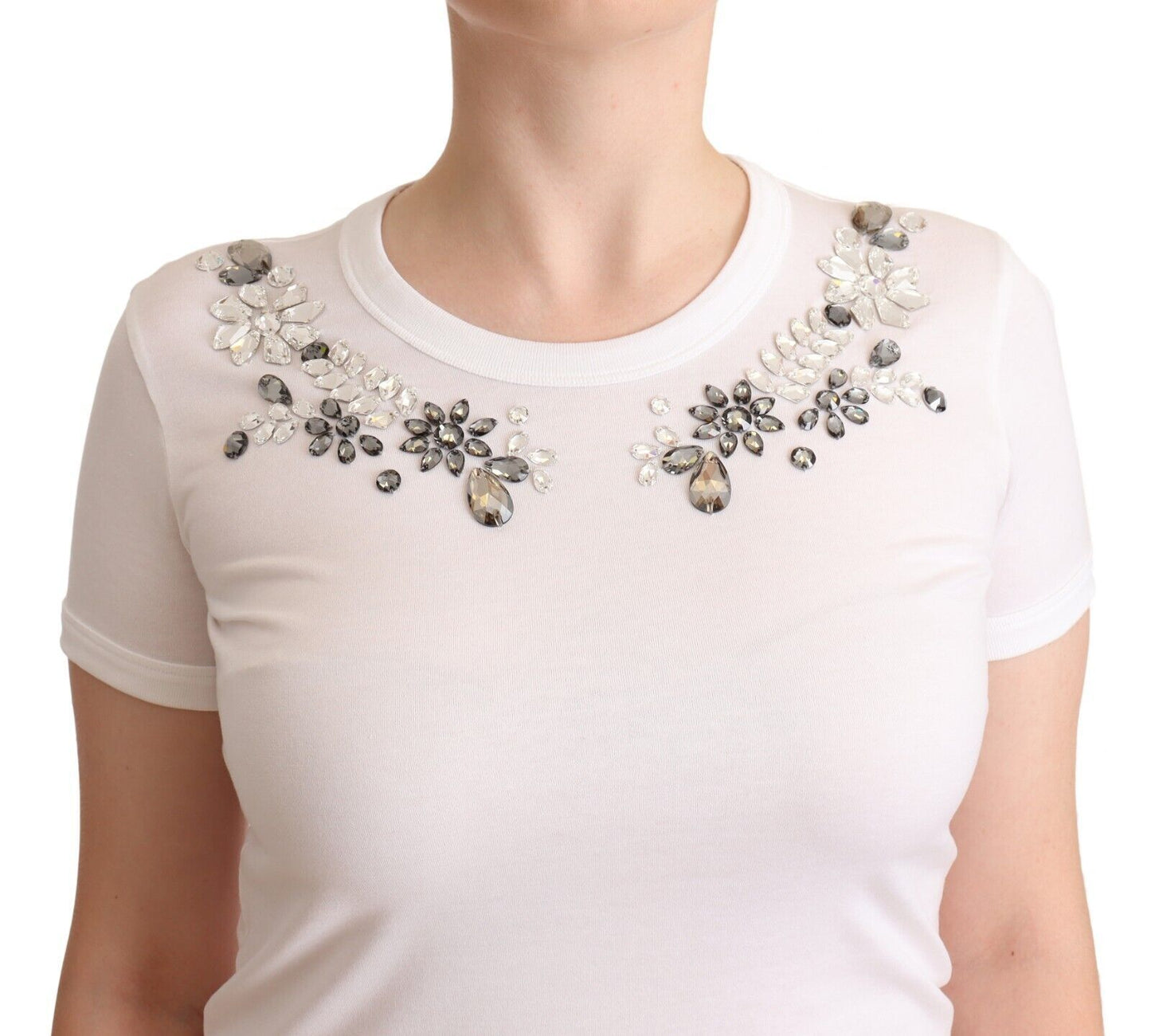 Weißes T-Shirt aus Baumwolle mit Rundhalsausschnitt und Kristallverzierung