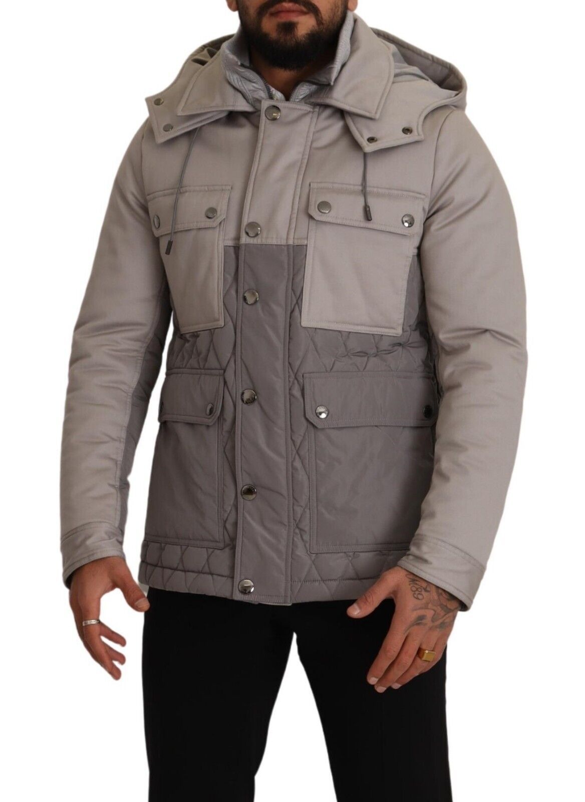 Graue Windbreaker Parka Jacke mit Kapuze aus Baumwolle