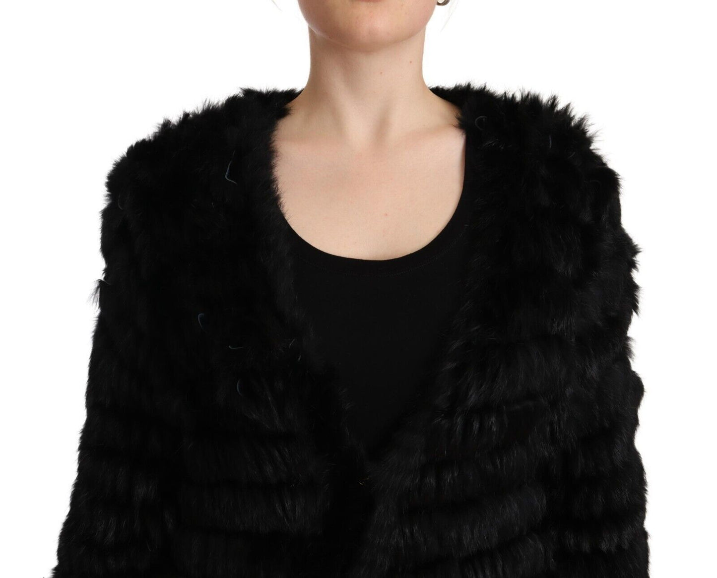 Schwarzer Kaninchenfell-Cardigan mit langen Ärmeln Jacke
