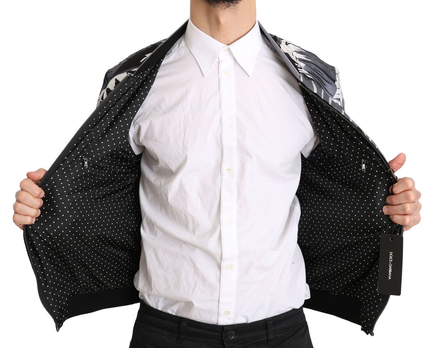 Schwarze Bomberjacke aus Seide mit Bananenblattdruck
