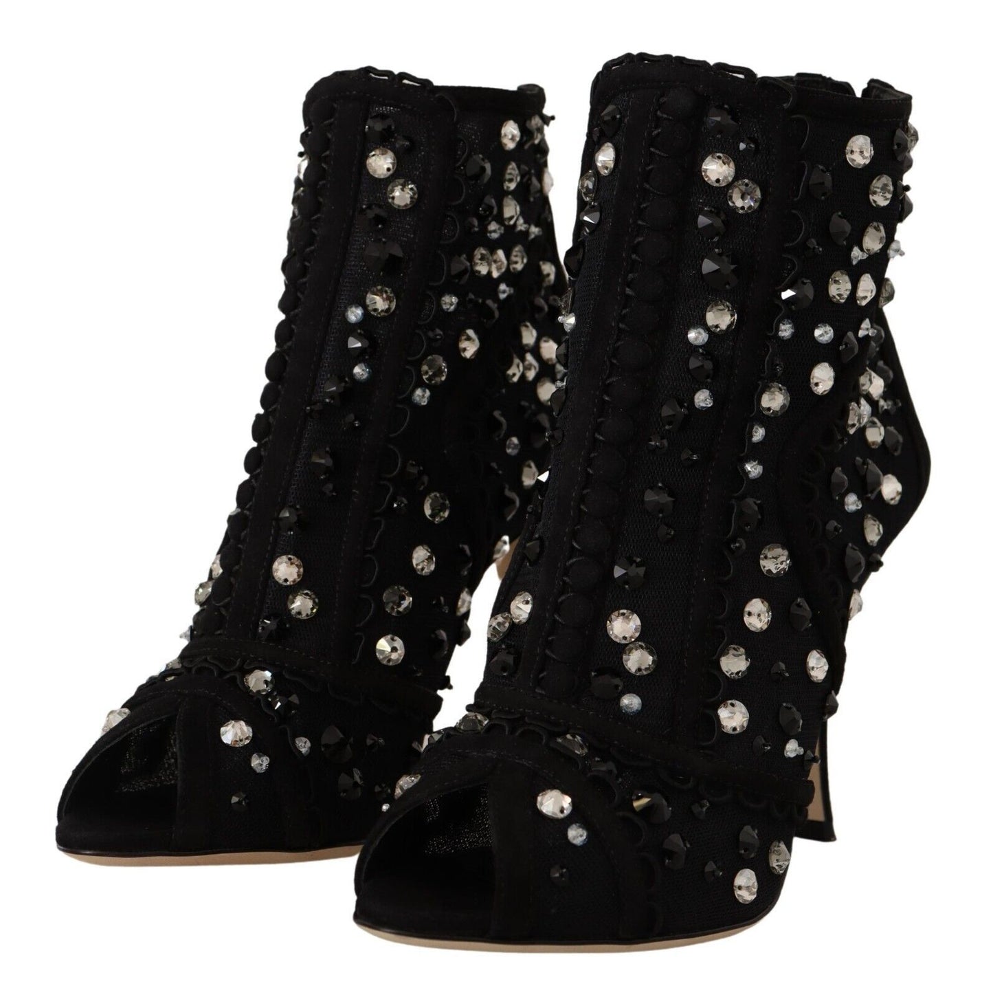 Schwarz Kristalle Heels Reißverschluss Kurze Stiefel Schuhe
