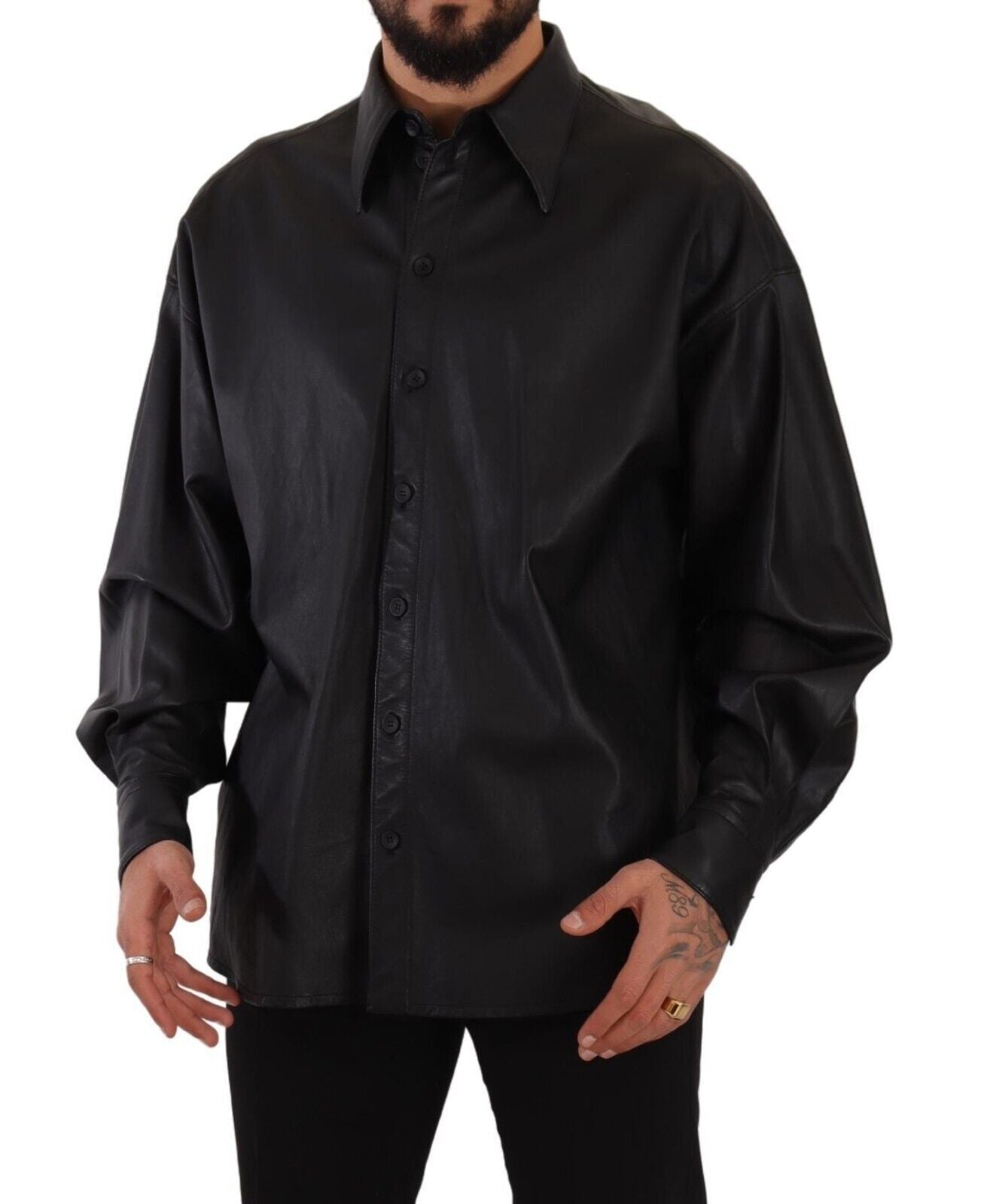 Schwarze Lederjacke mit Knopfleiste für Männer mit Kragen