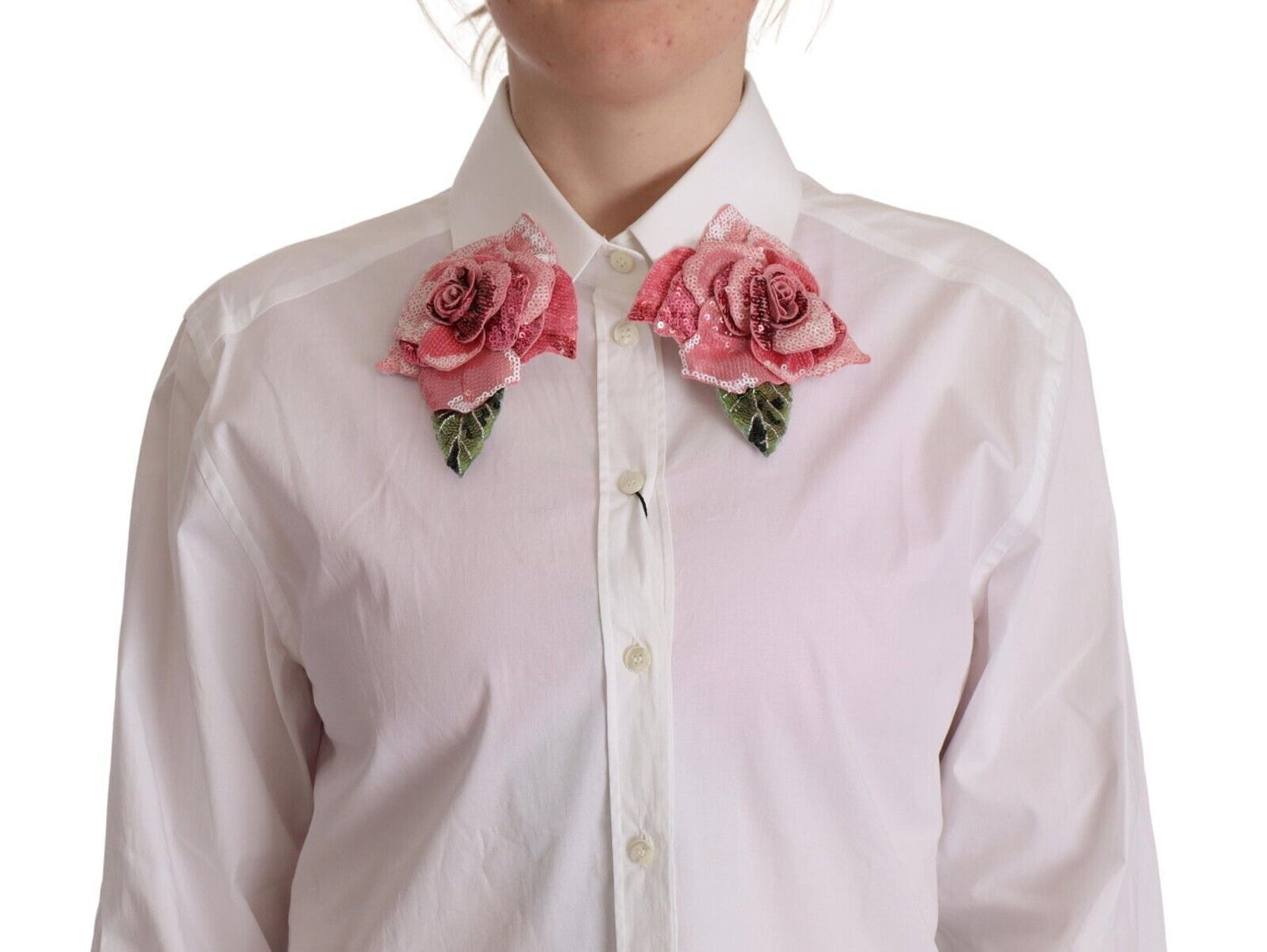 Weißes Baumwoll-Knopfleisten-Oberteil mit Blumen und Pailletten