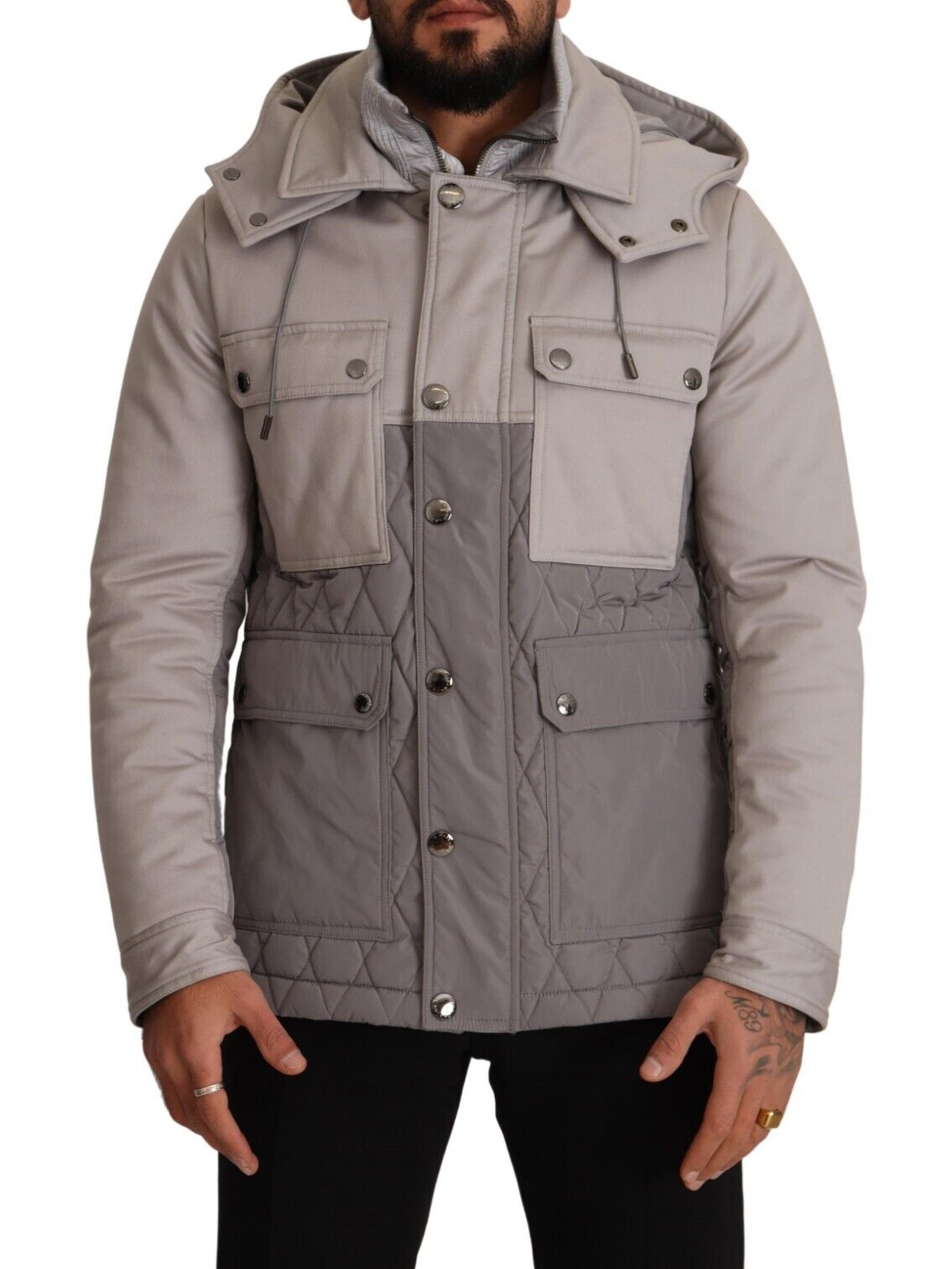 Graue Windbreaker Parka Jacke mit Kapuze aus Baumwolle