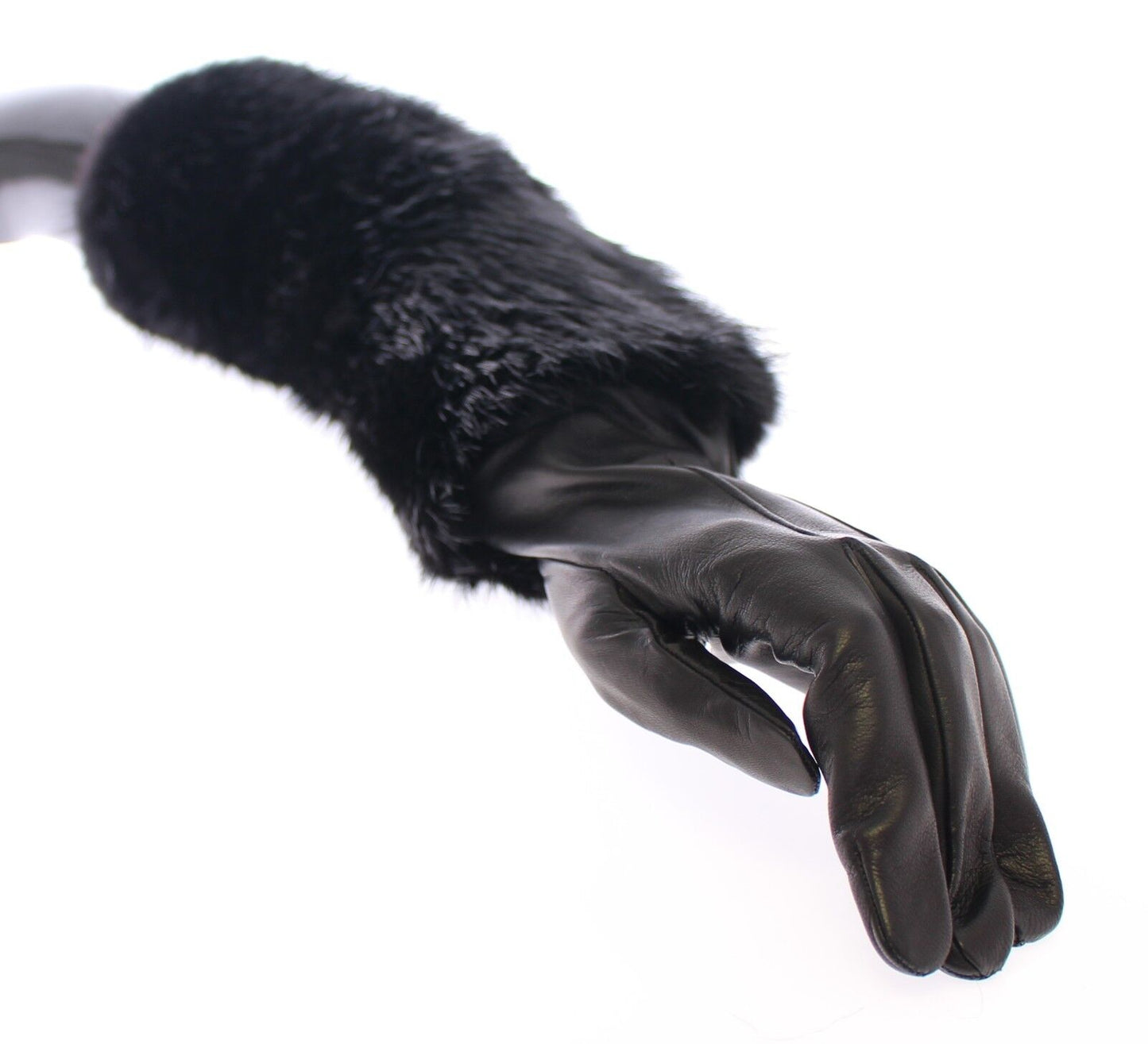 Schwarze Biberpelz-Lammfell-Leder-Ellbogenhandschuhe