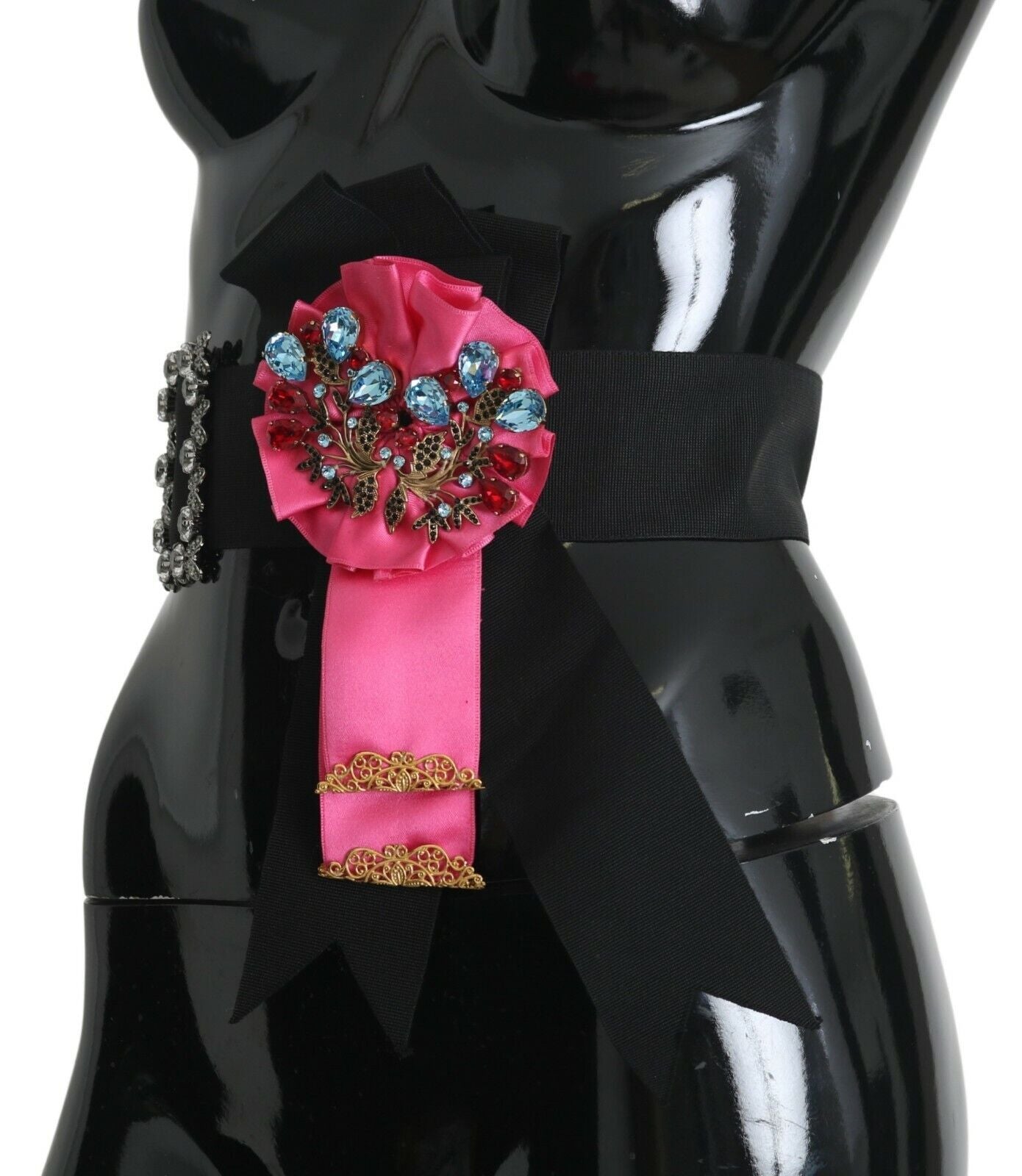 Schwarz Rosa Blume Brosche Kristalle Baumwollgürtel