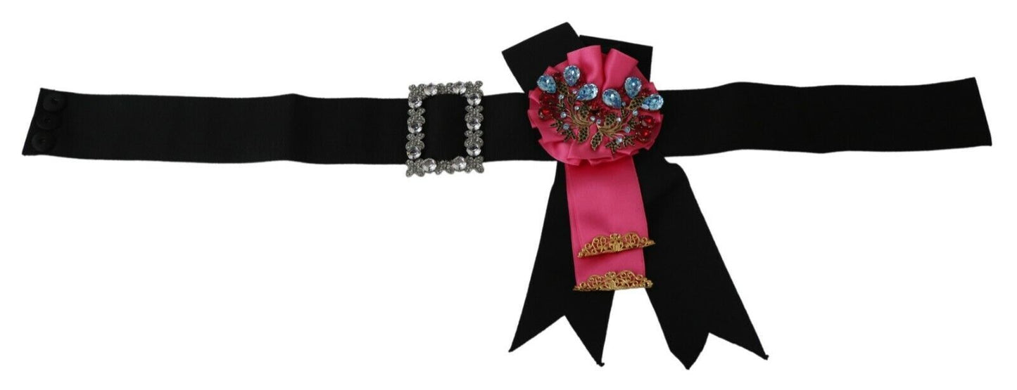 Schwarz Rosa Blume Brosche Kristalle Baumwollgürtel