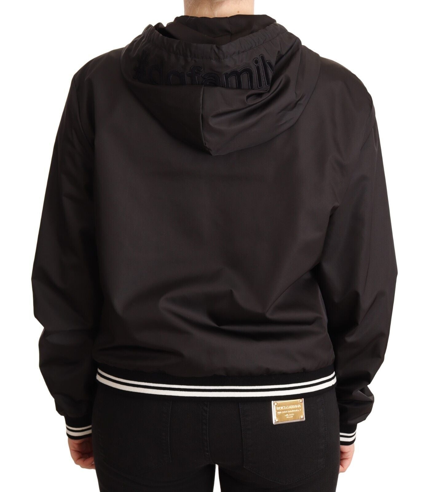 Schwarze Polyester Bomberjacke mit Kapuze und Reißverschluss