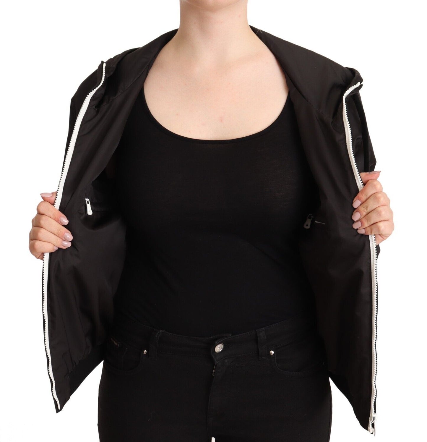 Schwarze Polyester Bomberjacke mit Kapuze und Reißverschluss