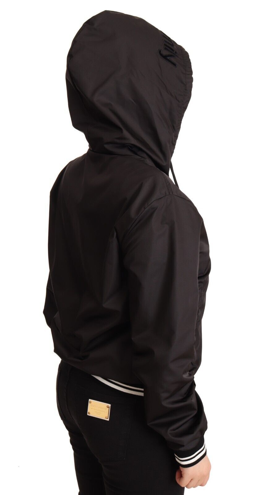 Schwarze Polyester Bomberjacke mit Kapuze und Reißverschluss