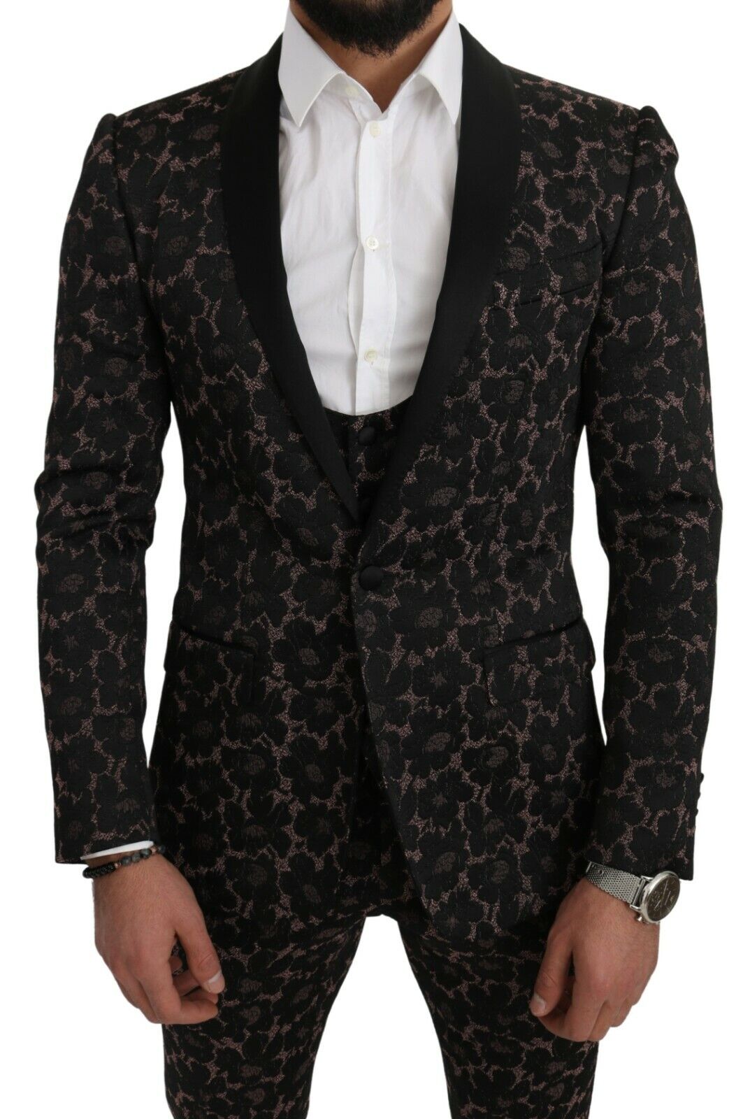 Anzug Schwarz Floral 3 Stück Slim Tuxedo
