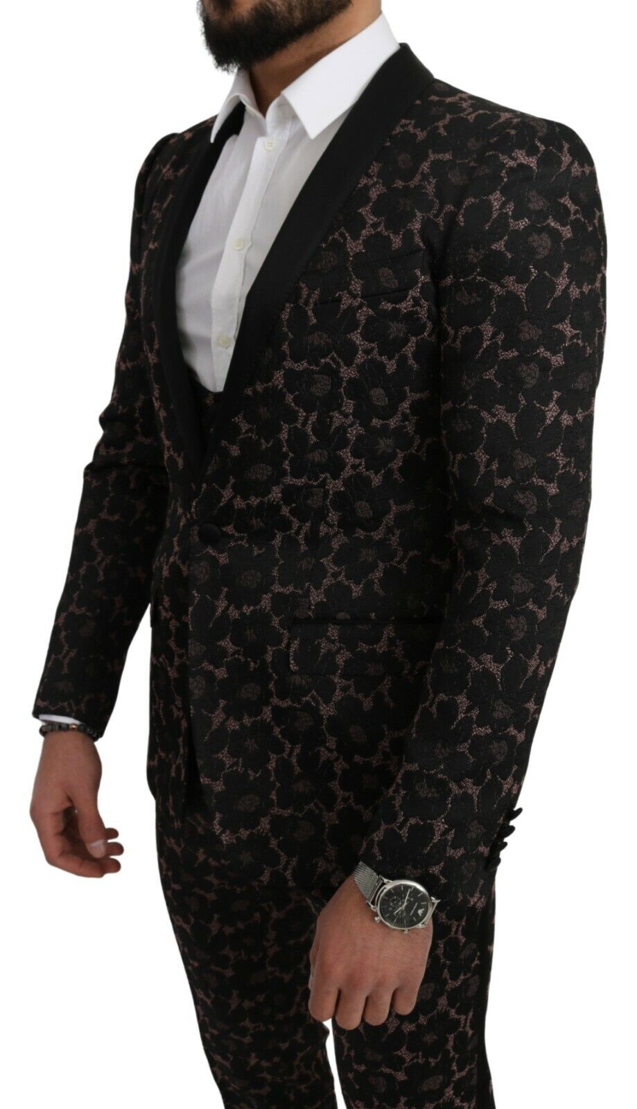 Anzug Schwarz Floral 3 Stück Slim Tuxedo