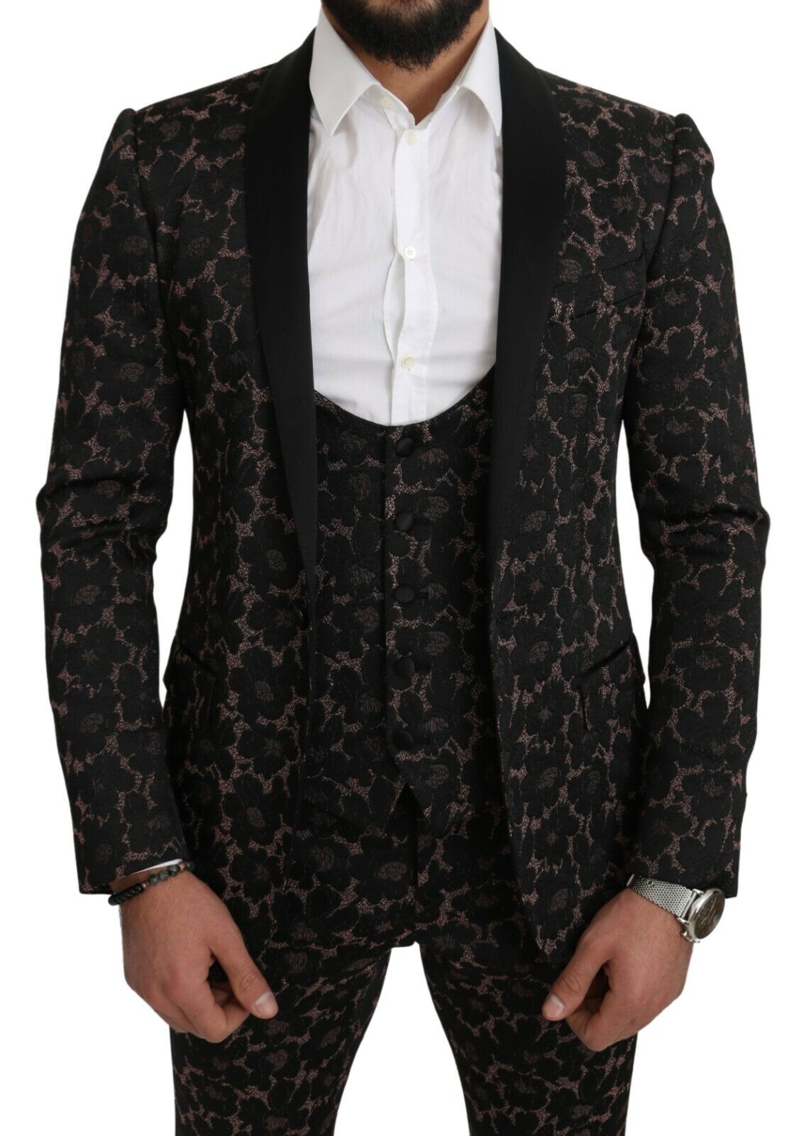 Anzug Schwarz Floral 3 Stück Slim Tuxedo