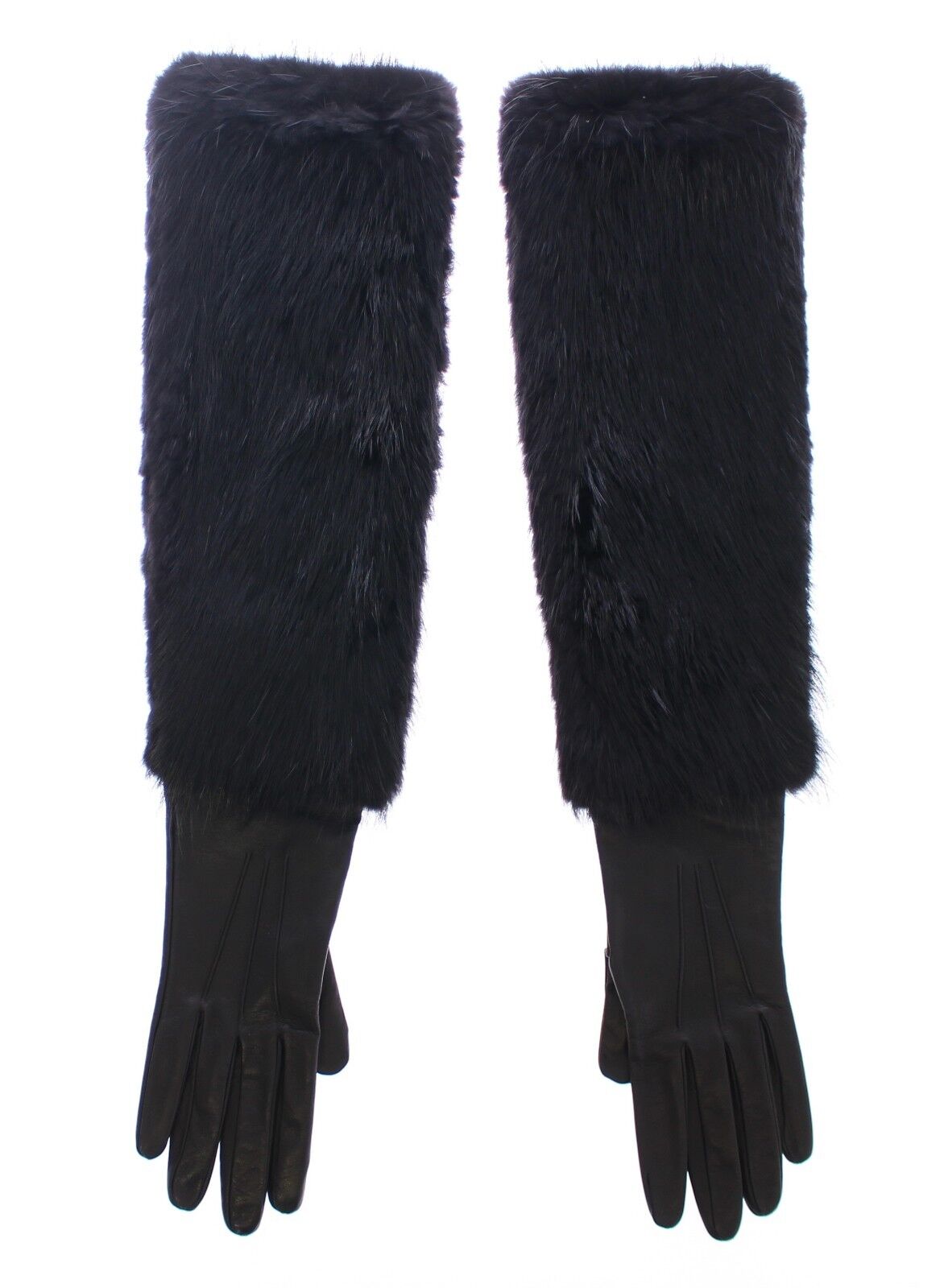 Schwarze Biberpelz-Lammfell-Leder-Ellbogenhandschuhe